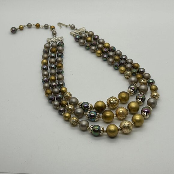 Vintage Multi-Strand Necklace Iridescent Gold Tone Pearlescent Beads Pro Formal - Picture 6 of 13